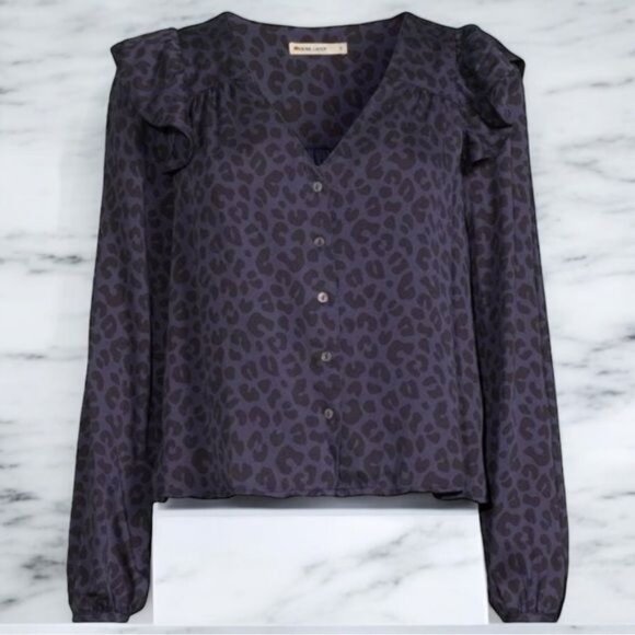 NEW Marine Layer Rory Long Sleeve Ruffle Blouse Leopard Print Career Chic Size L - Picture 1 of 7